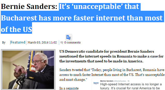 Bernie Sanders candidat la președinția SUA: „inaccepabil ca viteza la internet în România să fie mai mare ca în toată America”.